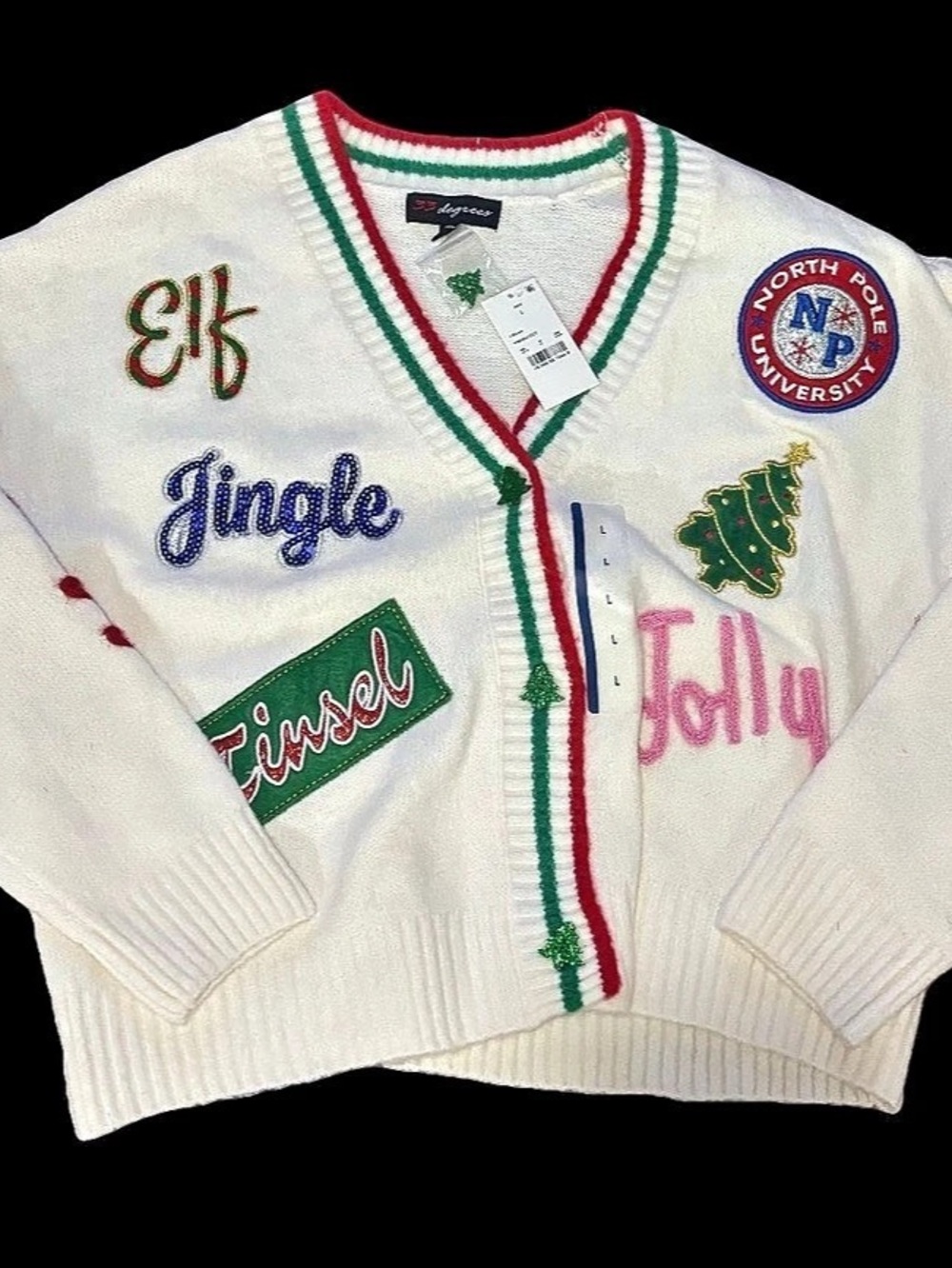 33 Degrees Size: L NWT Holiday Patchwork Festive Graphic Cardigan